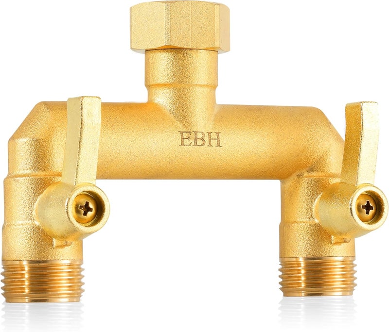 EBH Garden Hose Splitter, Full Flow Outdoor Faucet Splitter, 2-Way High Flow Brass Heavy Duty Hose Splitter with Long Metal Handle。 - Image 1